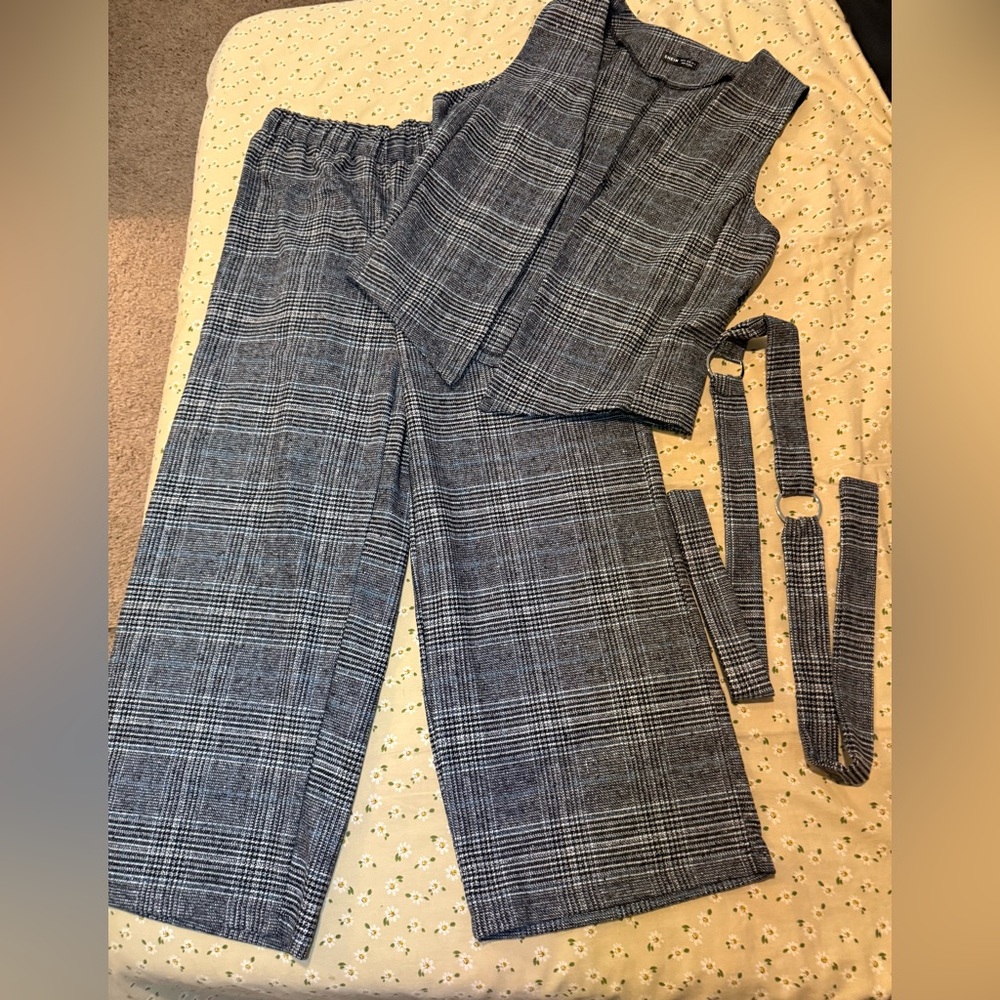 SHEIN 3 piece suit set: Blue and Gray Plaid Pants with matching vest and belt.